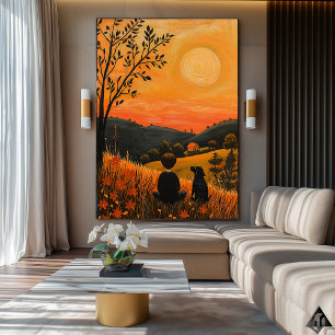 Golden Sunset Companions – Naïf Rural Serenity Art Poster