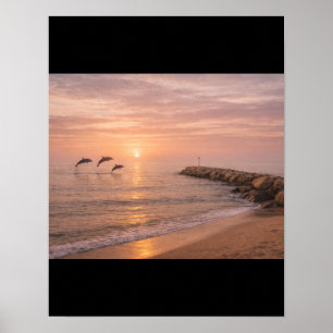 Golden Sunset Dolphins Beach Canvas Wall Art   Coa