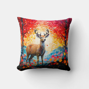 Golden Sunset Floral Fall Forest Deer Cushion