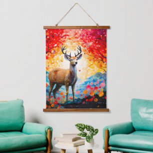 Golden Sunset Floral Fall Forest Deer Hanging Tapestry