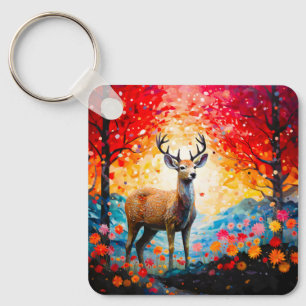 Golden Sunset Floral Fall Forest Deer Key Ring