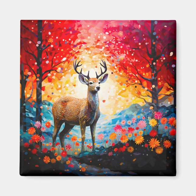 Golden Sunset Floral Fall Forest Deer Magnet (Front)
