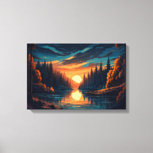 Golden Sunset Forest River Canvas Wall Art