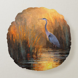 Golden Sunset Heron Autumn Watercolor Pillow