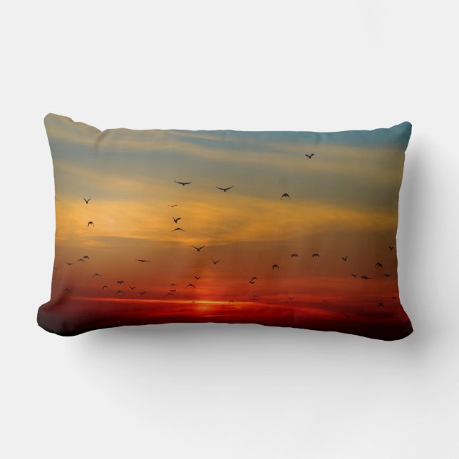 Golden Sunset Landscape Birds Blue Yellow Lumbar Cushion (Front)