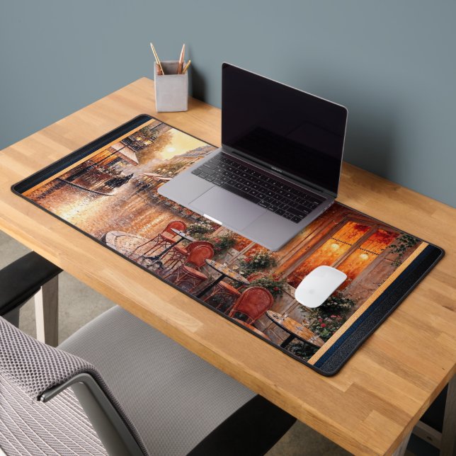 Golden Sunset Light On A Rainy Town Café Desk Mat (Office 2)