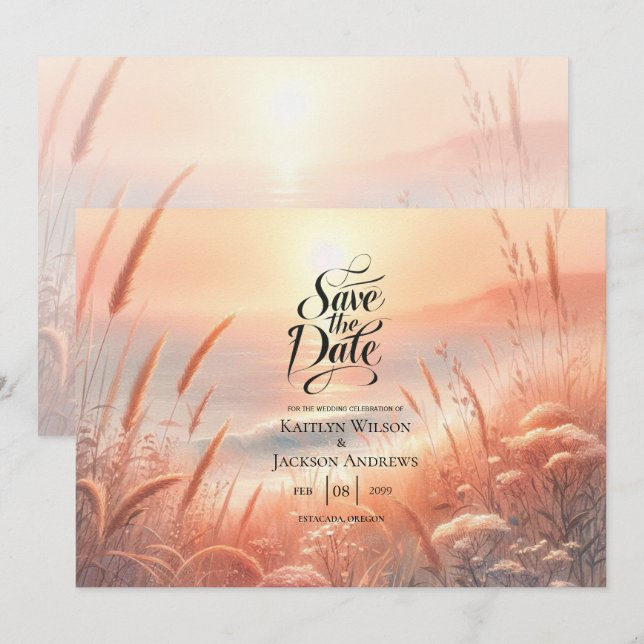 Golden Sunset Meadow Beach Wedding Save the Date (Front/Back)