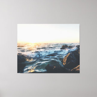 Golden Sunset Ocean Waves on Rocks Serene Seascape Canvas Print