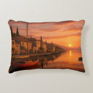 Golden Sunset Over Coastal Village Decorative Cushion