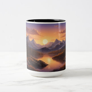 Golden Sunset Over Forest Nature Trees  Mountains  Two-Tone Coffee Mug