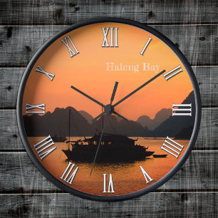Golden Sunset over Halong Bay boats, Vietnam Sea Round Clock