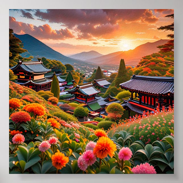 Golden Sunset Over Japanese Floral Garden Poster (Front)
