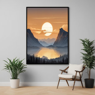 Golden Sunset Over Majestic Mountain Landscape Art Poster
