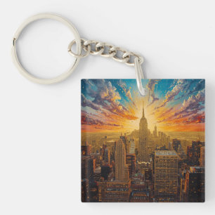 Golden Sunset Over New York City Skyline Key Ring