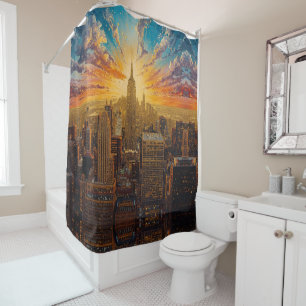 Golden Sunset Over New York City Skyline Shower Curtain