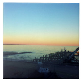 Golden Sunset over Water and Broken Pier Photo Tile