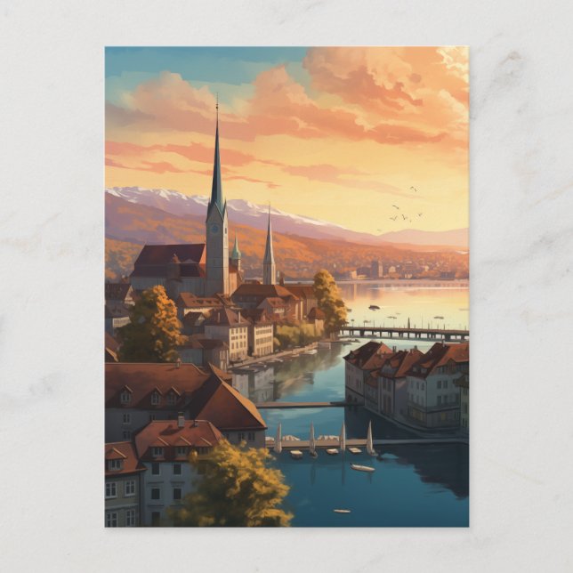 Golden Sunset Over Zurich Holiday Postcard (Front)
