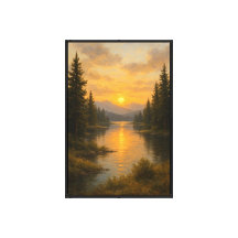 Golden Sunset River Between Pines
