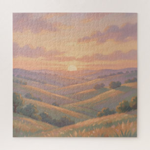 Golden Sunset Rolling Hills Pastel Landscape Jigsaw Puzzle
