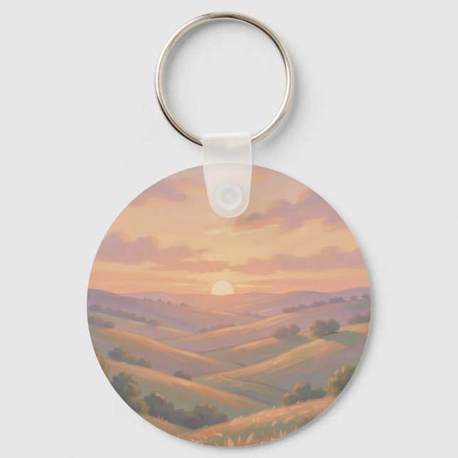 Golden Sunset Rolling Hills Pastel Landscape  Key Ring (Front)