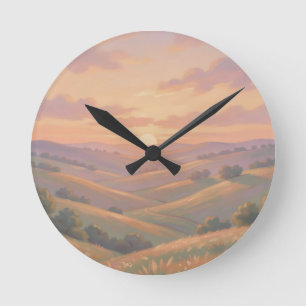 Golden Sunset Rolling Hills Pastel Landscape Round Clock