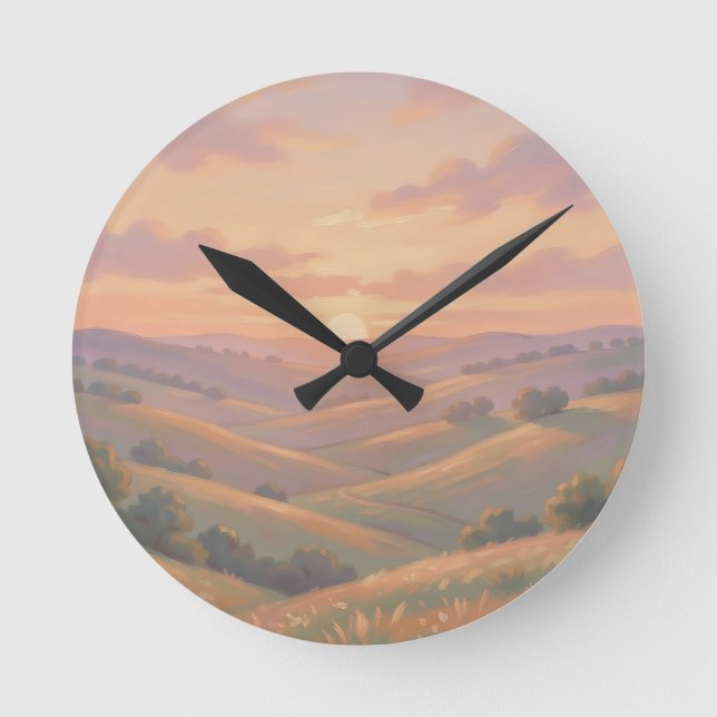 Golden Sunset Rolling Hills Pastel Landscape  Round Clock (Front)