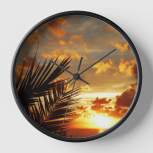 Golden Sunset Sea and Palmtree Postcard Clock