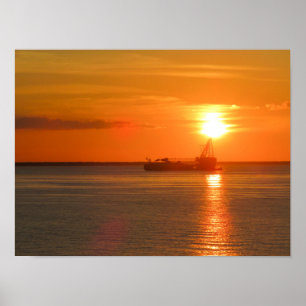 Golden Sunset Ship Silhouette Cozumel Poster