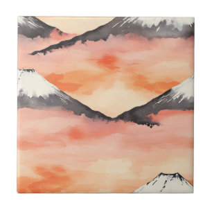 Golden Sunset Snow Mountain Watercolor Landscape Tile