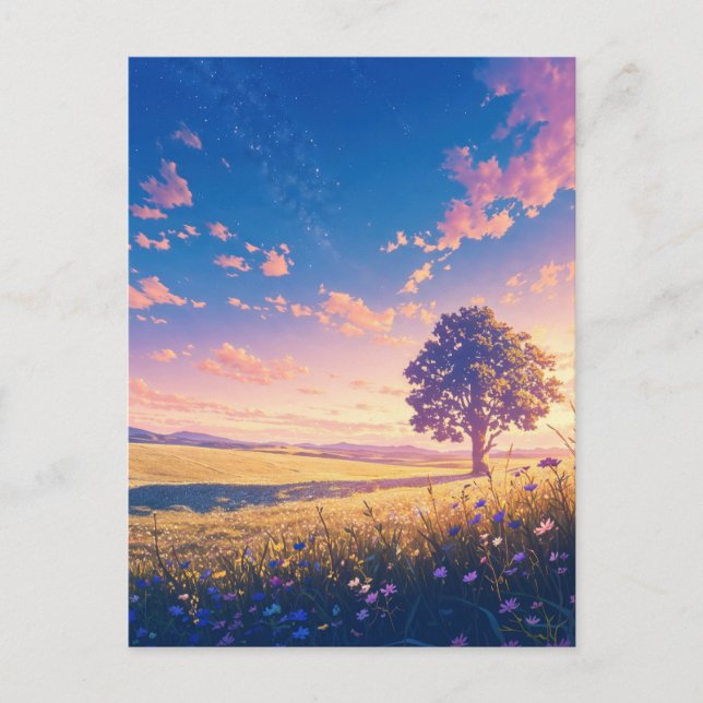 Golden Sunset Tree and Starry Sky Postcard (Front)