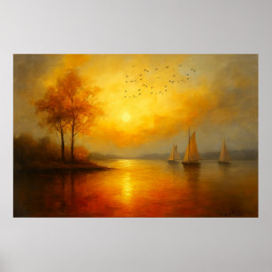 Golden Sunset with Autumn Trees and Sailboats Poster
