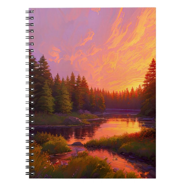 Golden Sunset's Embrace in the Pine Forest Notebook (Front)