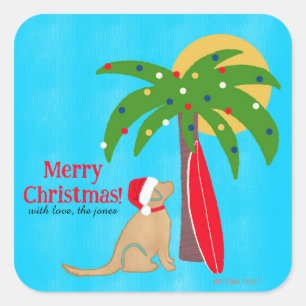 Golden Surf Dog Palm Tree Sunshine Christmas Square Sticker