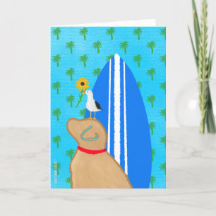 Golden Surfboard Dog Seagull Card