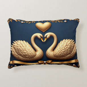 Golden Swan Couple Heart Ornate Navy Wedding Roman Decorative Cushion