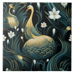 Golden Swan Inspired Birds and White Flowers Tile