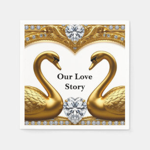 Golden Swan Pair Facing Each Other Diamond Heart Napkin
