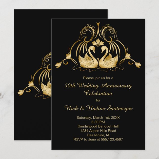 Golden Swans 50th Wedding Anniversary Celebration Invitation (Front/Back)