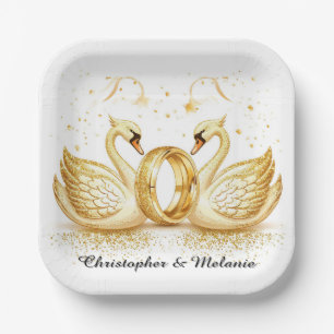 Golden Swans Embracing in Elegant Artistic Display Paper Plate