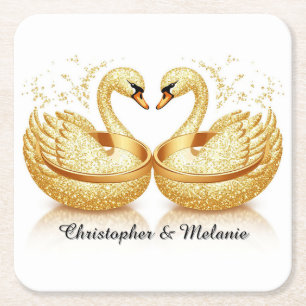 Golden Swans Embracing in Elegant Artistic Display Square Paper Coaster