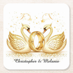 Golden Swans Embracing in Elegant Artistic Display Square Paper Coaster