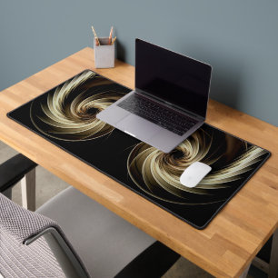 Golden Swirl Across Black Desk Mat