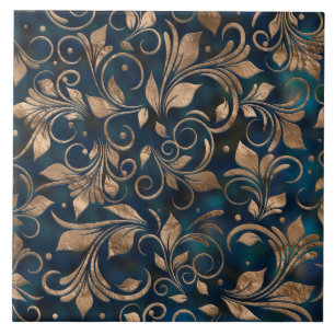 Golden Swirl Branches Ocean Deep Tile