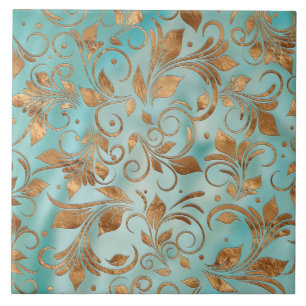 Golden Swirl Branches on light Teal Tile