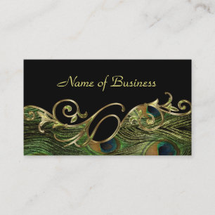 Golden Swirl Peacock Feathers Black Double-Sided Business Card