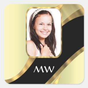 Golden swirl photo template square sticker