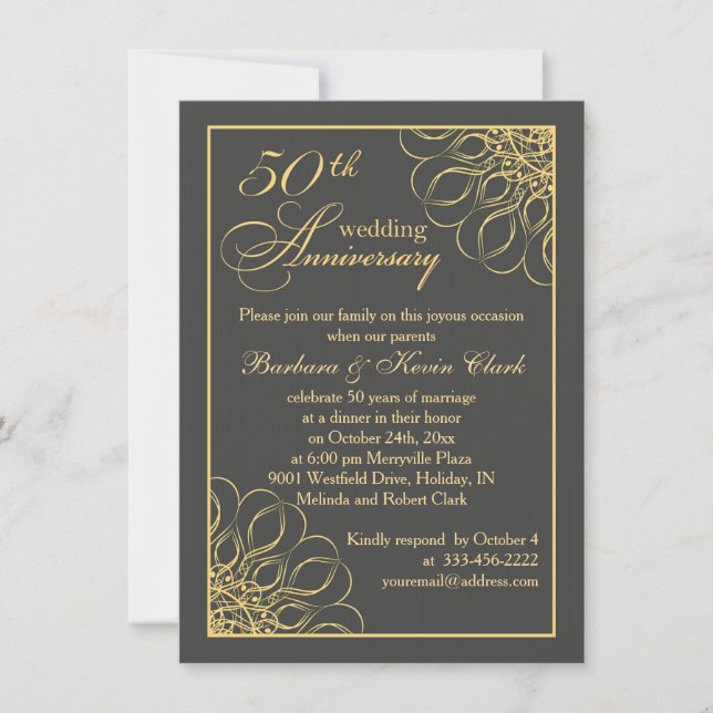 Golden swirls 50th Wedding Anniversary Invitation (Front)