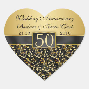 Golden swirls, damask 50th Wedding Anniversary Heart Sticker