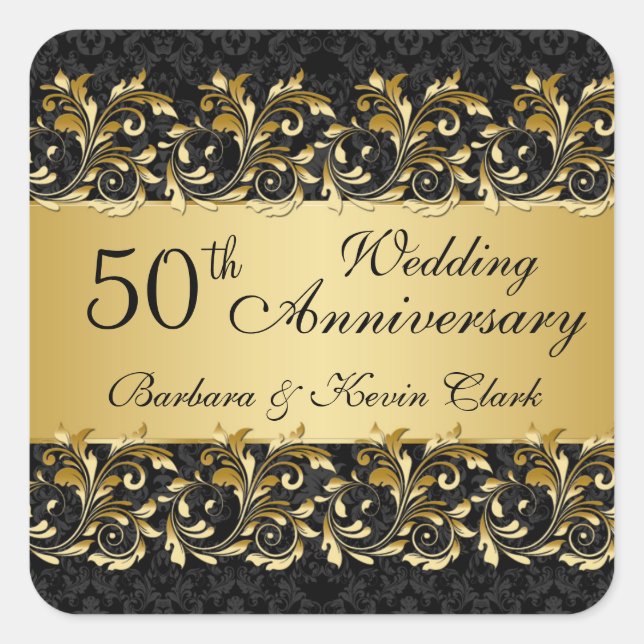 Golden swirls, damask 50th Wedding Anniversary Square Sticker (Front)