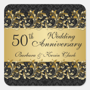 Golden swirls, damask 50th Wedding Anniversary Square Sticker